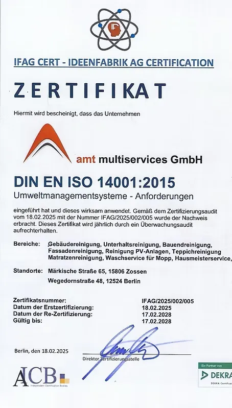 Zertifikat DIN EN ISO 14001:2015 der AMT multiservices GmbH, ausgestellt von IFAG CERT, gültig bis 17.02.2028