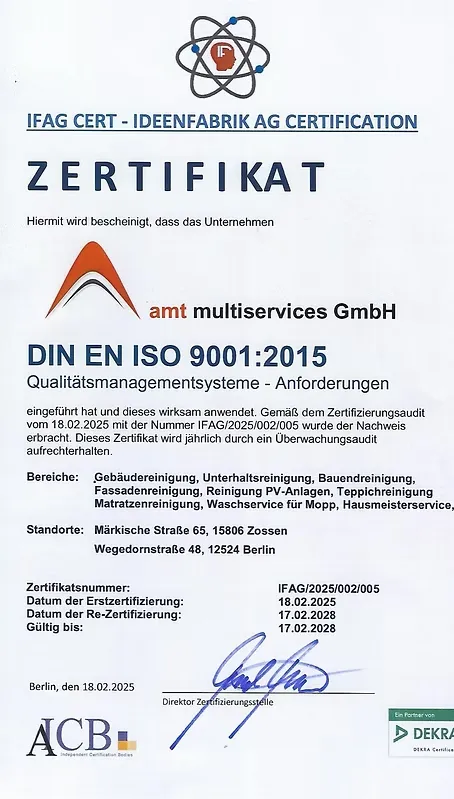 Zertifikat DIN EN ISO 9001:2015 der AMT multiservices GmbH, ausgestellt von IFAG CERT, gültig bis 17.02.2028